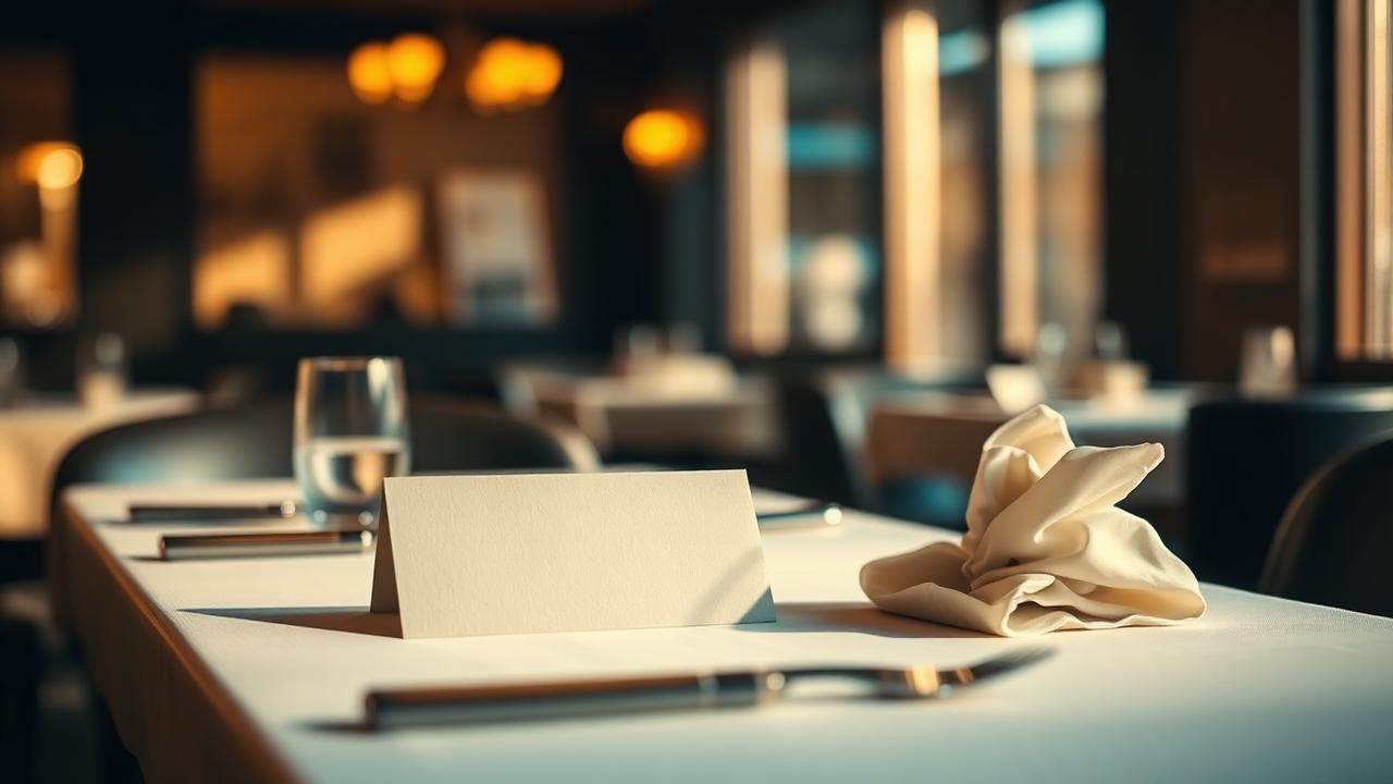 Persoonlijk welkom horeca closeup van gedekte tafel met naamkaartje bij het raam in restaurant