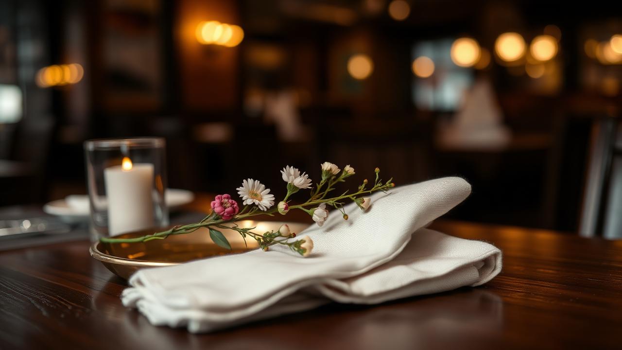 Persoonlijk welkom horeca closeup van linnen servet met verse bloemen op tafel