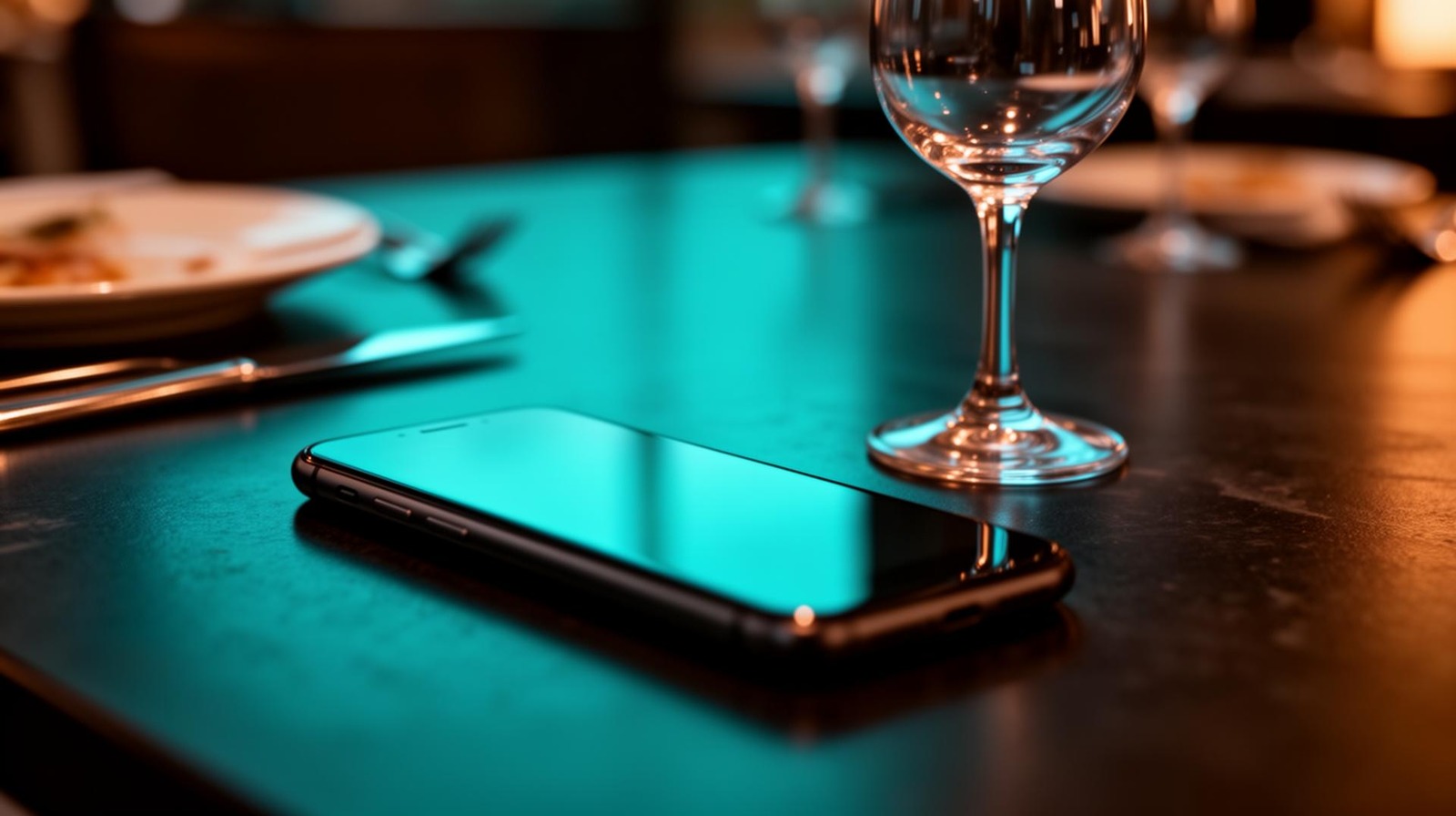 Smartphone op restaurant tafel met cinematische warme verlichting en wijnglas op achtergrond