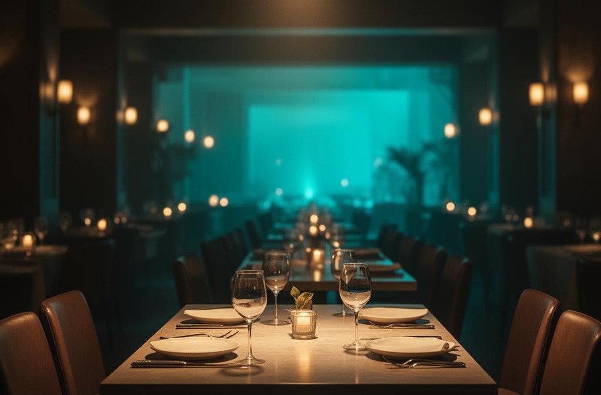 Restaurant gang in laatste avondlicht met warme spotlights en lege tafel