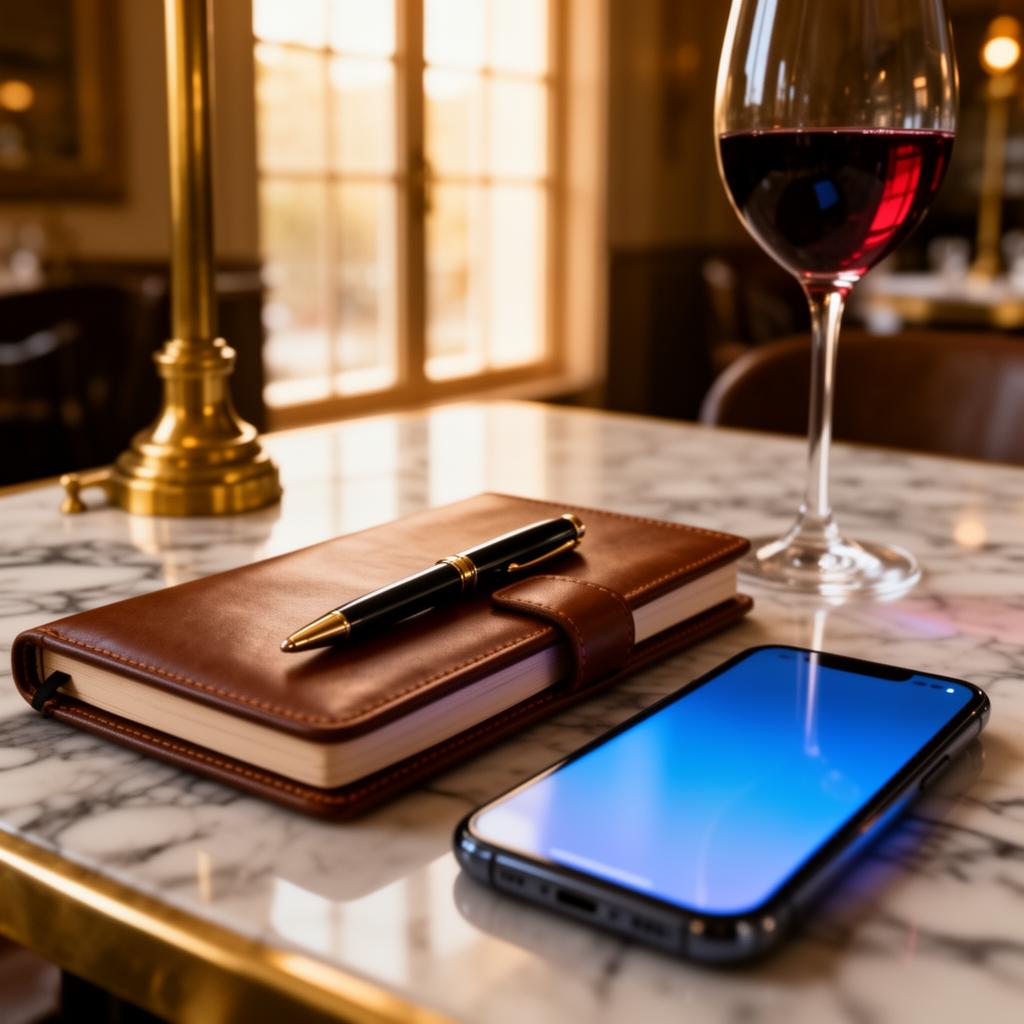 Leren notitieboek pen en smartphone met blauwe gloed op marmeren tafel in restaurant