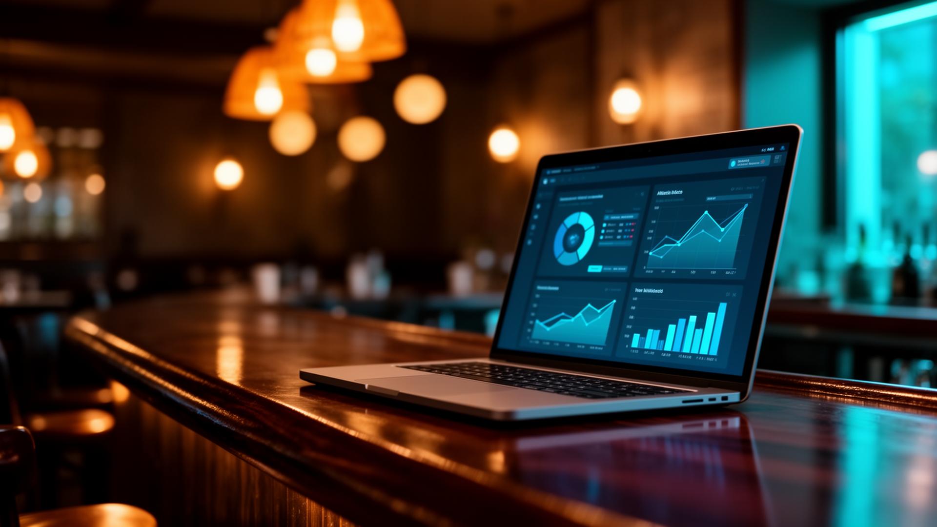 AI rapportage dashboard horeca: cinematische close-up van laptopscherm met blurred grafieken op donker bartoog