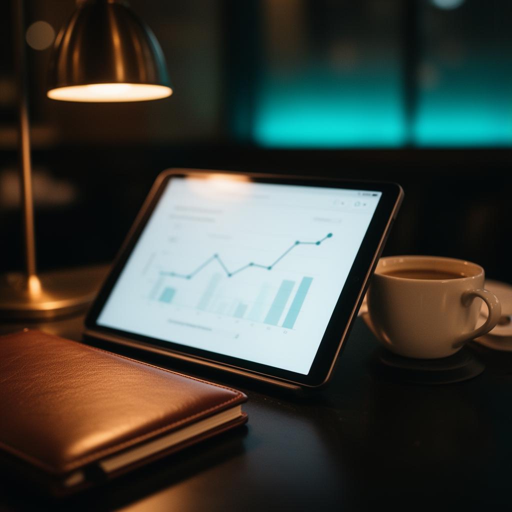 Tablet met blurred grafiekoverlay naast leren notitieboek en koffiekop op donker tafelblad