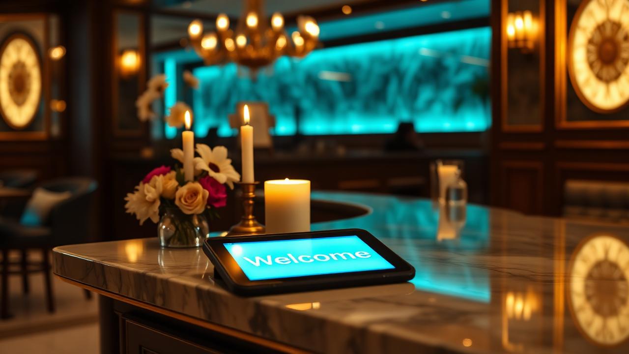 Cinematische close-up van elegante receptie restaurant met tablet en welkomstbericht voor AI receptie restaurant