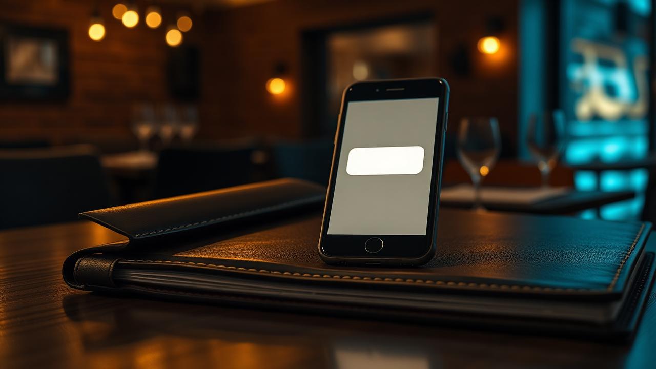 Cinematische close-up van reserveringsboek met smartphone voor AI receptie restaurant