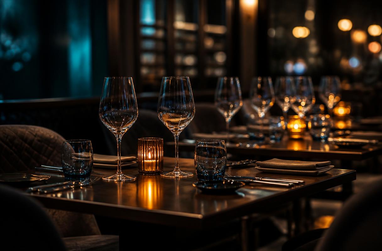 Piekperiode in restaurant closeup van volle gedekte tafels met glaswerk bij avondlicht
