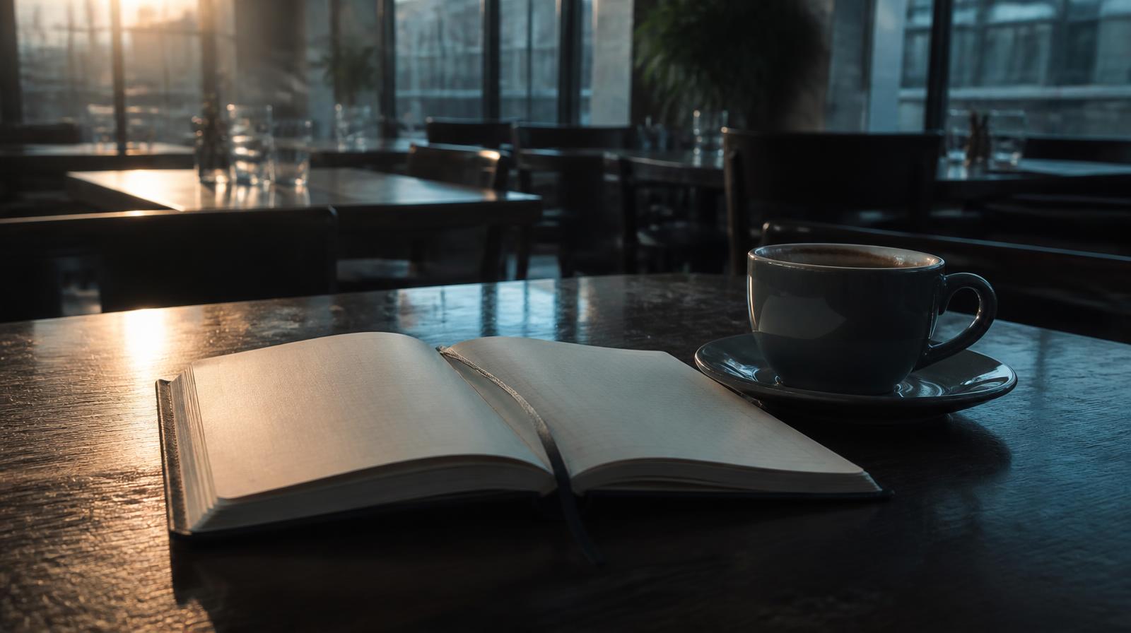AI-resoluties horeca closeup van notitieboek en koffie op restauranttafel in de ochtend
