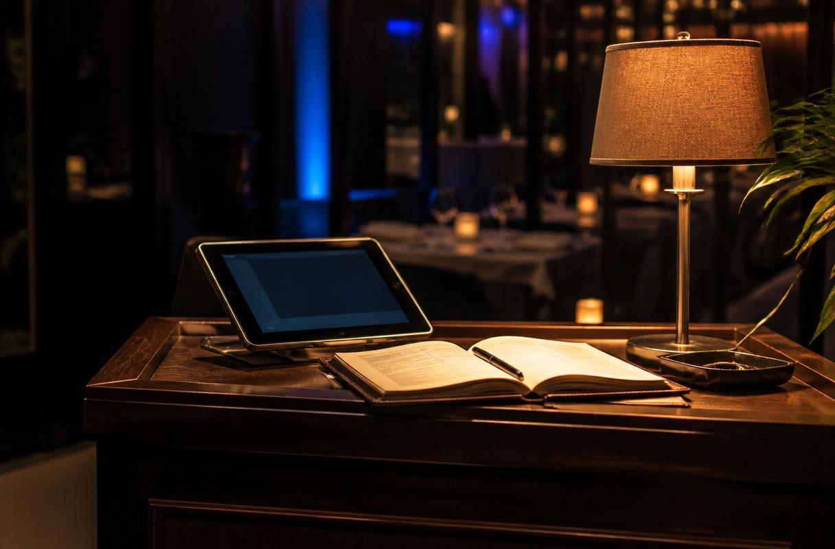 AI-resoluties horeca closeup van tablet en reserveringsboek bij de gastvrouwbalie