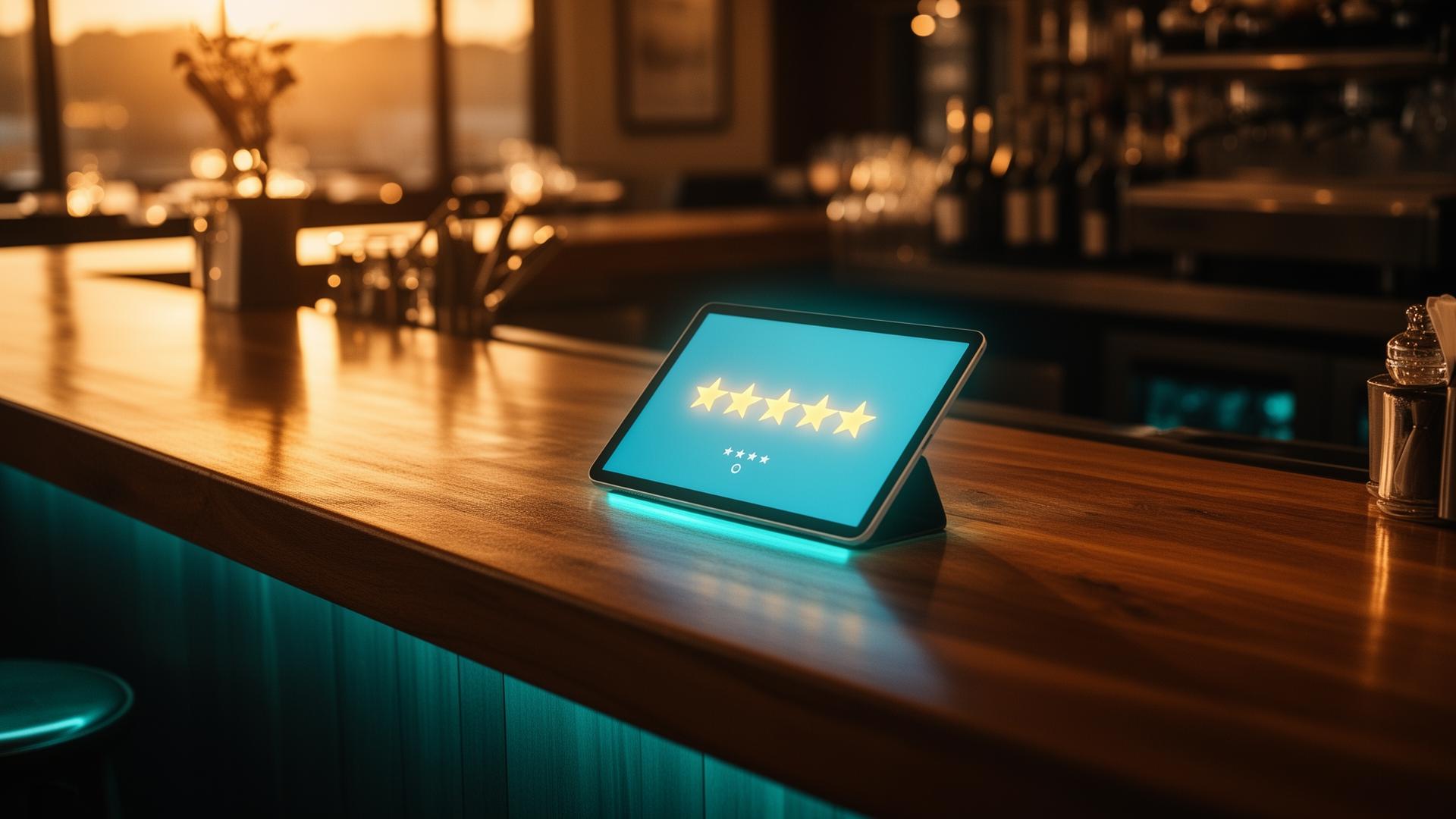 AI review management horeca tablet met sterrenrating op restaurantbar