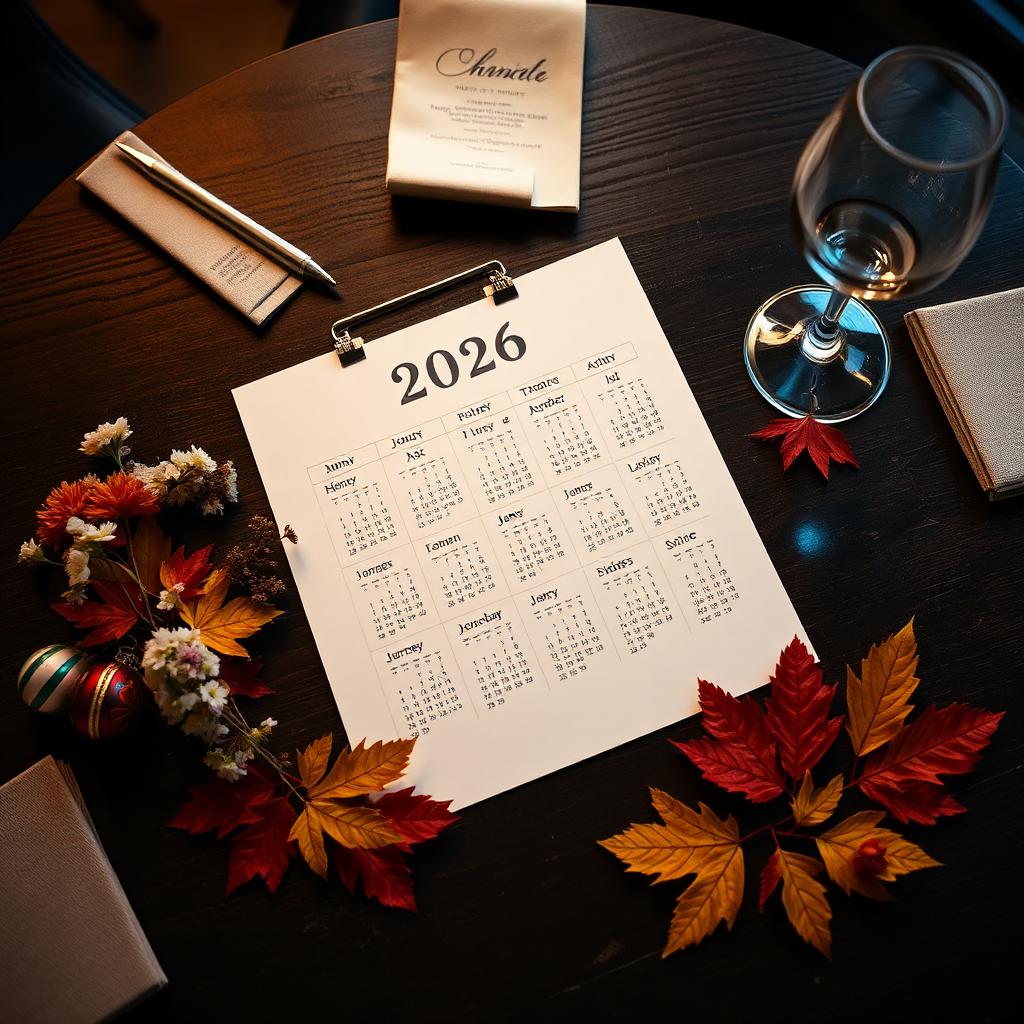 AI seizoensplanning horeca jaarkalender 2026 op donkere restauranttafel met seizoensdecoratie en wijnglas in warm cinematisch licht