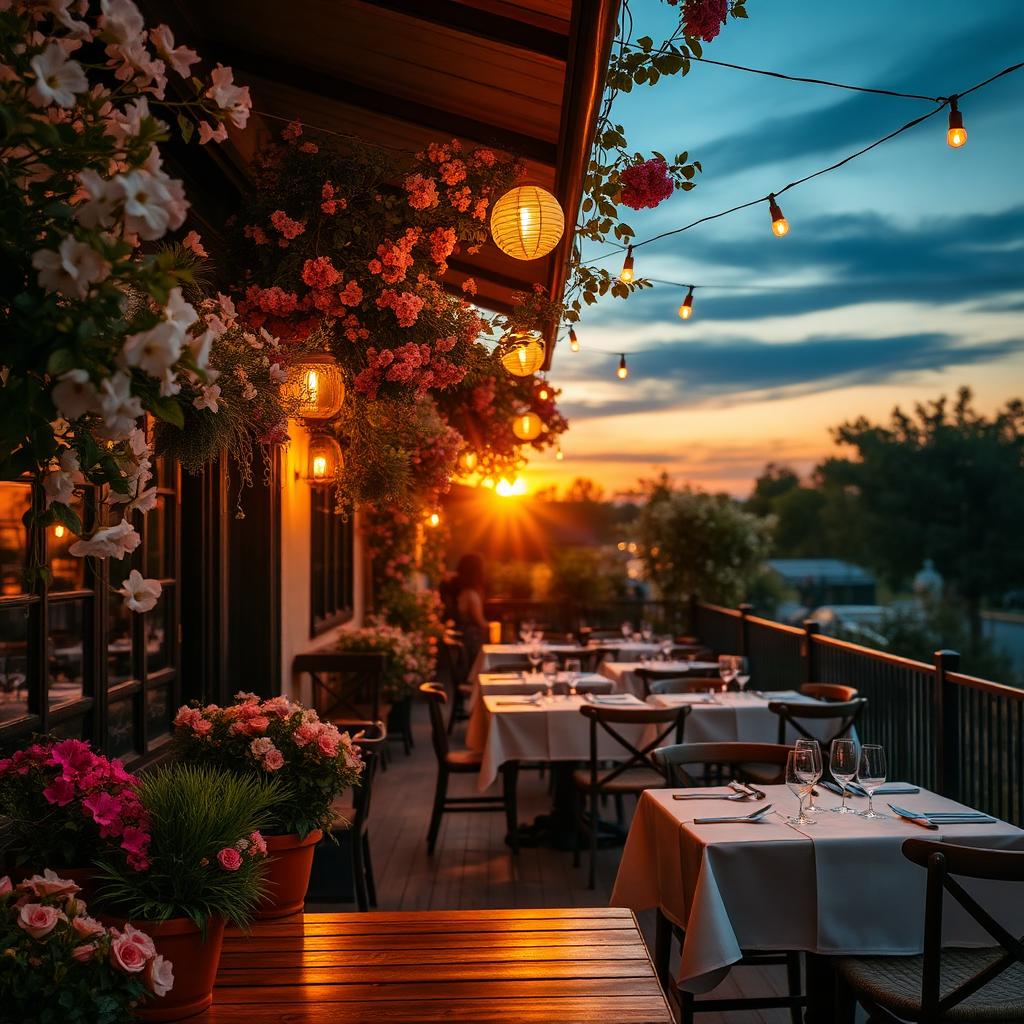 AI seizoensplanning horeca terras in lente-zomer overgang met bloemen, lichtjes en gedekte tafels bij zonsondergang