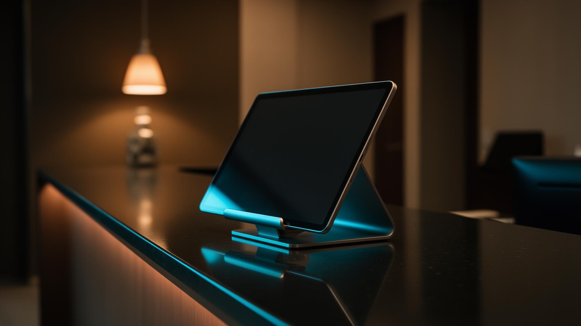 AI self check-in hotel: Lege hotelreceptie met self check-in tablet in cinematisch dark beeld met warme pendant lampen