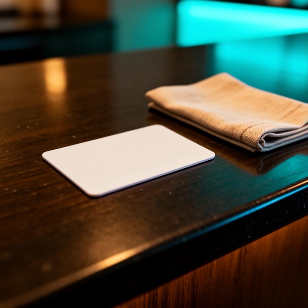 AI self check-in hotel workflow: Hotelsleutelkaart en welkomstkaartje op dark counter in warm cinematisch licht