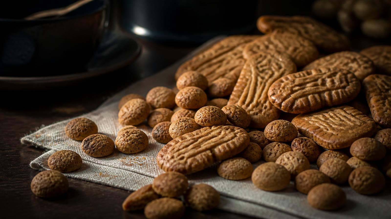 Sinterklaas campagne horeca closeup van pepernoten en speculaas op donkere restauranttafel bij warm avondlicht