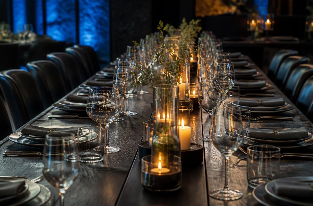 Sinterklaas horeca closeup van gedekte lange tafel voor besloten groepsborrel in restaurant