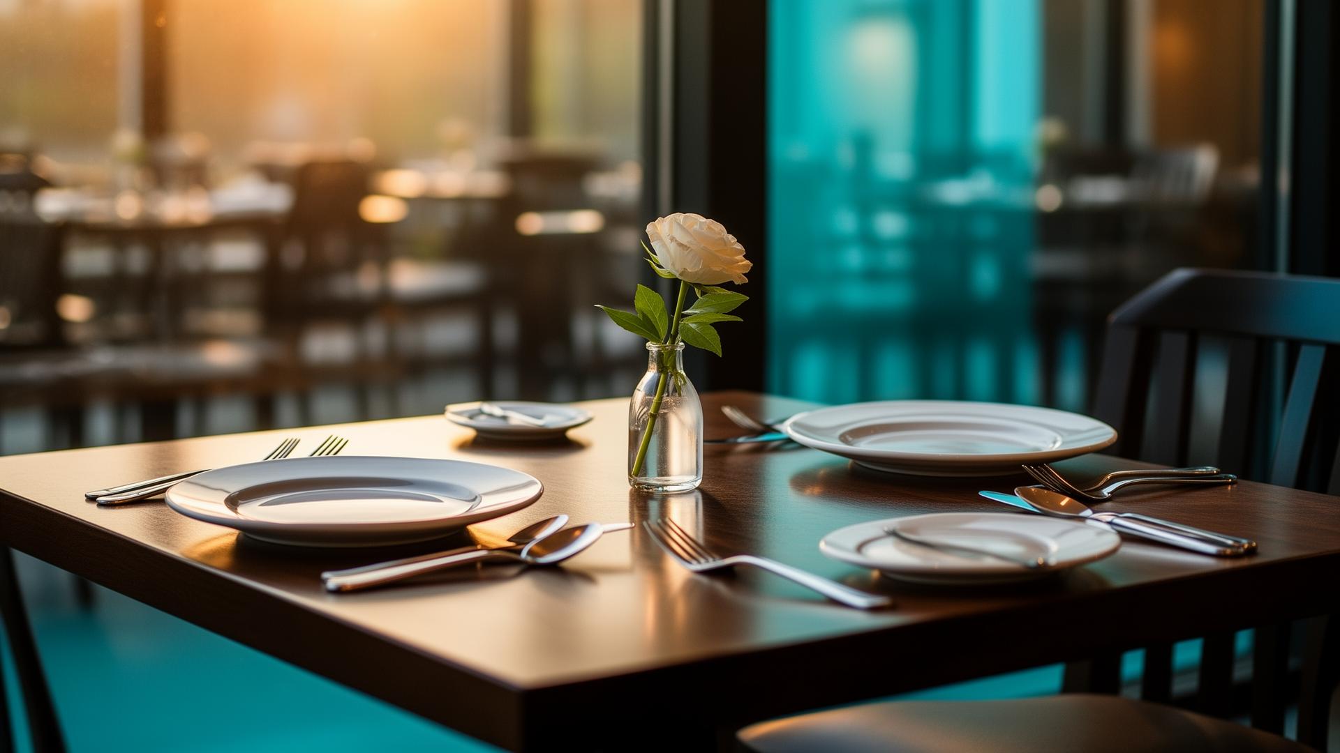 AI slapende gasten activeren cinematic closeup van leeg gedekt restauranttafeltje bij raam met warm licht