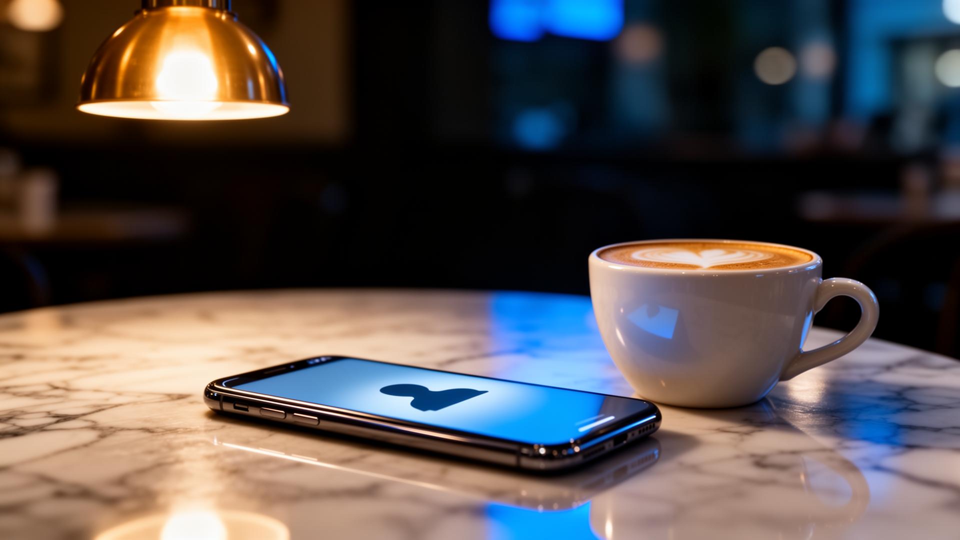 AI slapende gasten activeren closeup van smartphone met inkomend bericht op marmeren cafetafel