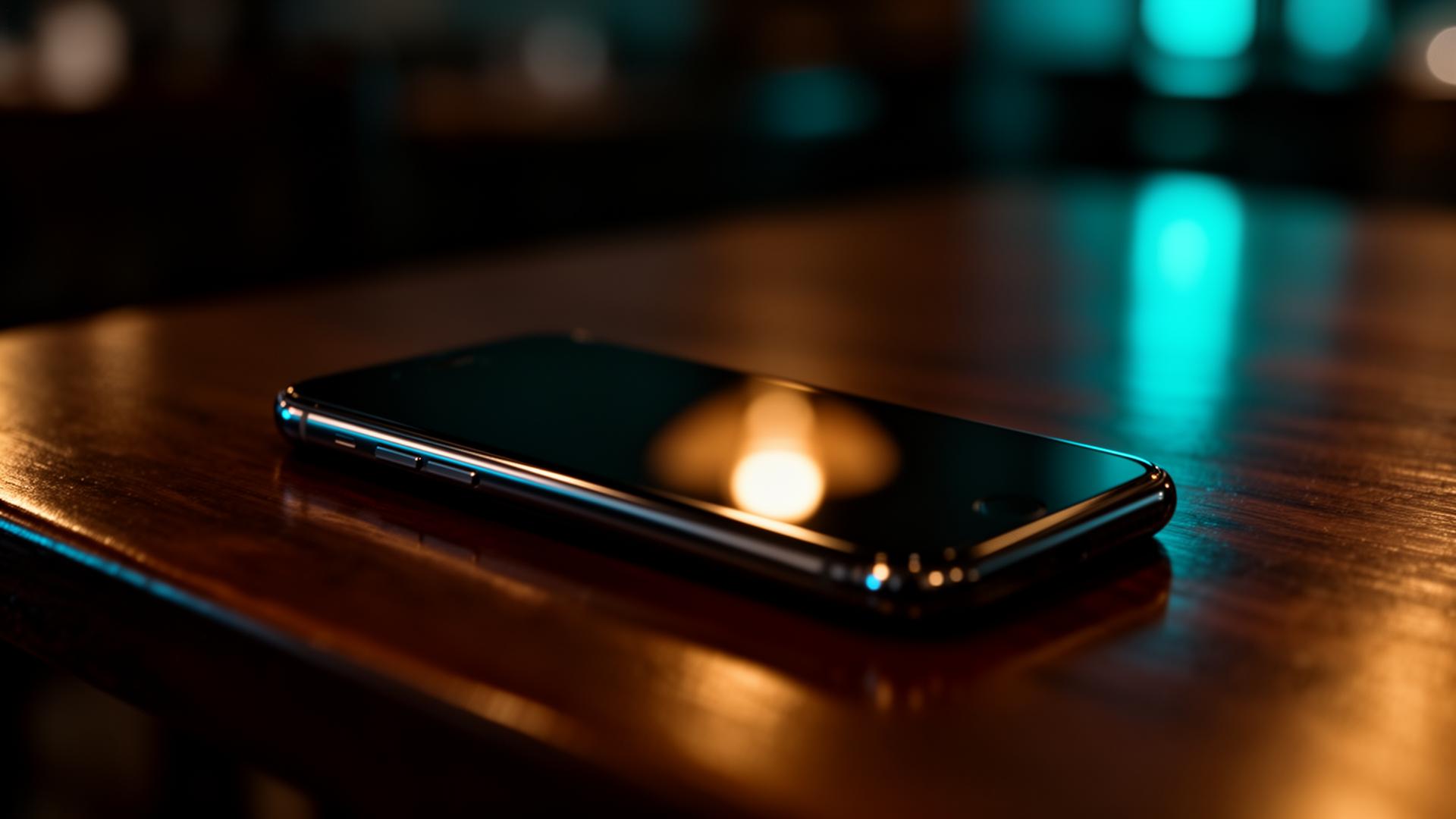 AI social media reacties horeca smartphone op donkere restaurant tafel met cinematisch warm licht