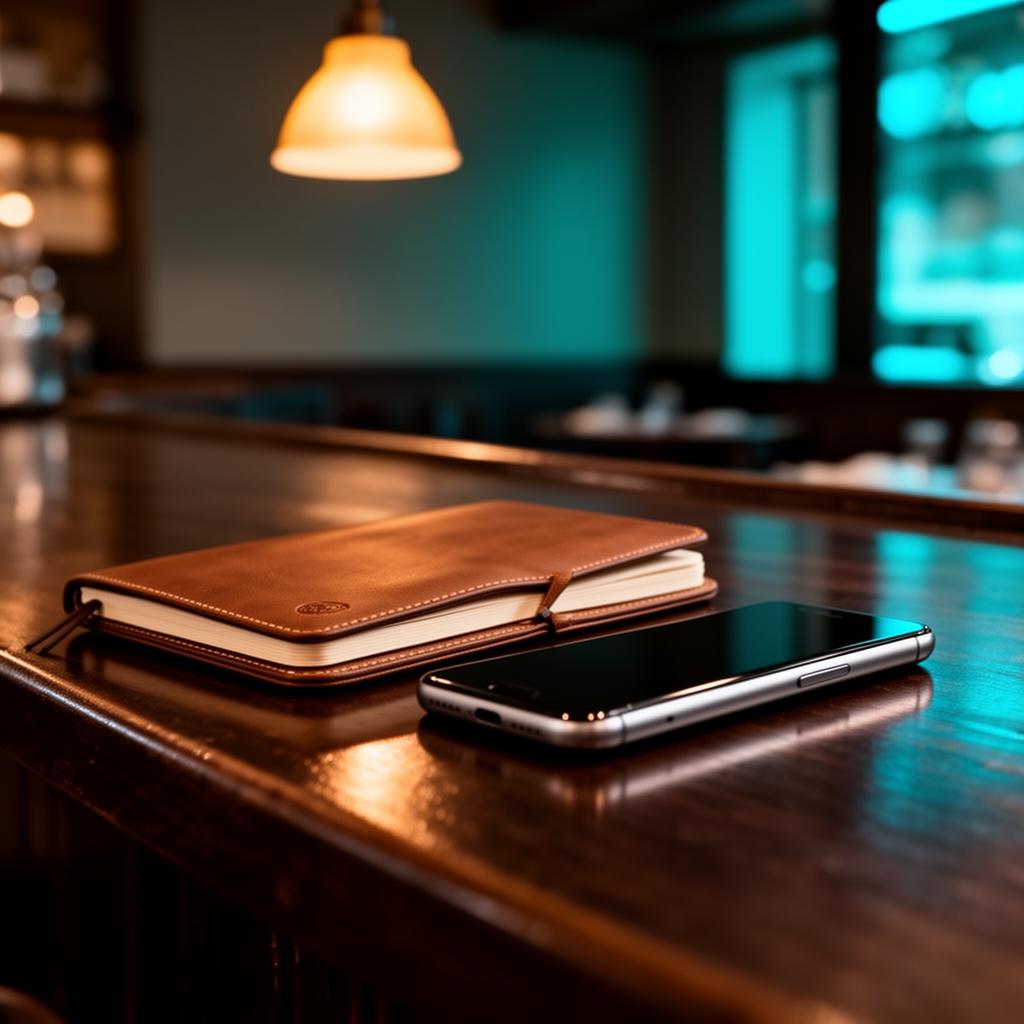 Notitieboek en smartphone op dark restaurant bar voor social media planning AI horeca