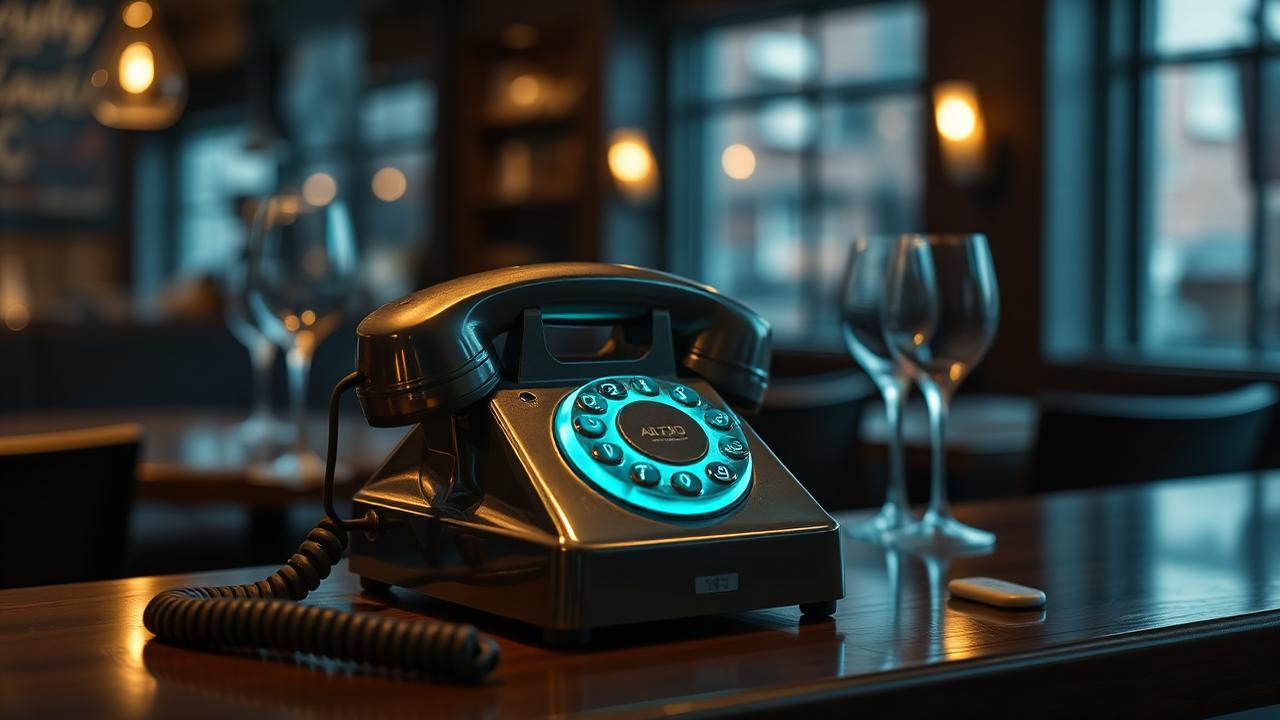 Cinematische close-up van vintage telefoonhoorn met cyaan gloed op restaurantbar, symbool voor AI stem telefonie horeca