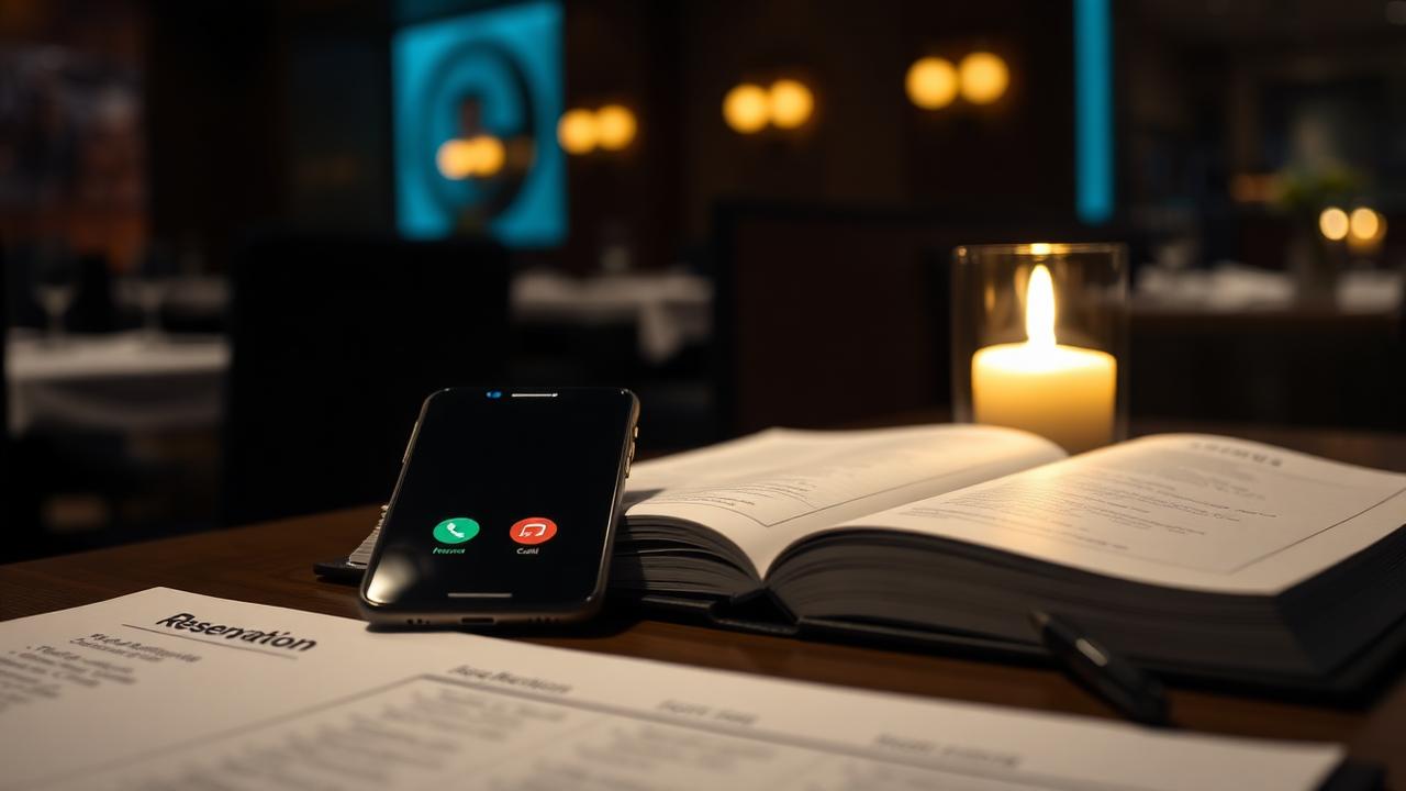 Cinematische close-up van smartphone met inkomende oproep naast reserveringsboek voor AI stem telefonie horeca