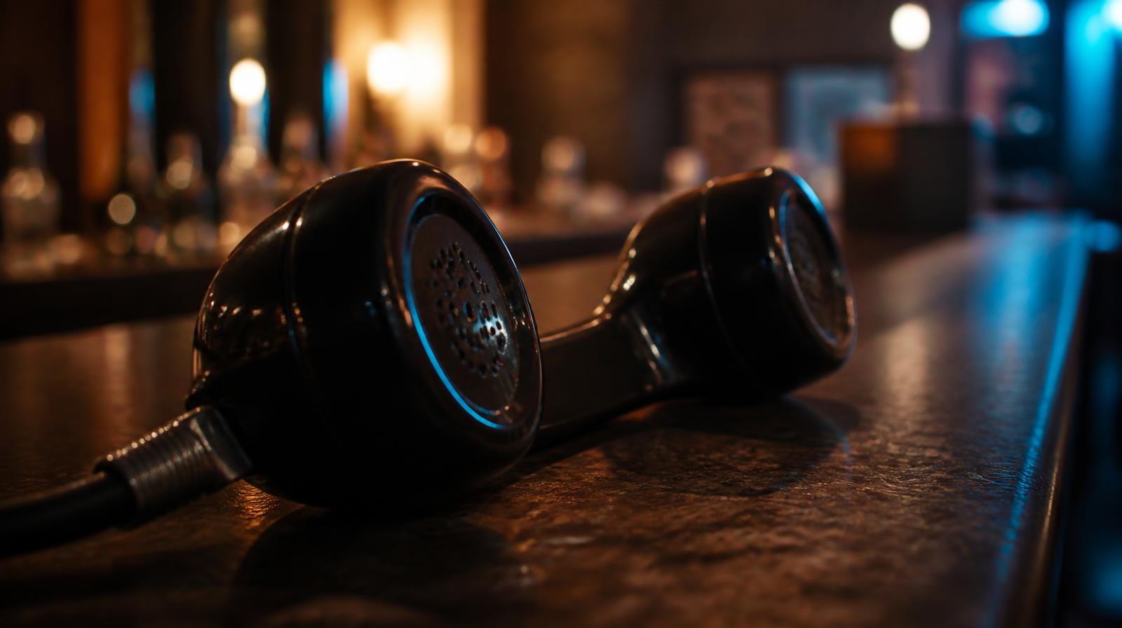 AI stemherkenning horeca closeup van telefoonhoorn op donkere bar in restaurant bij warm avondlicht