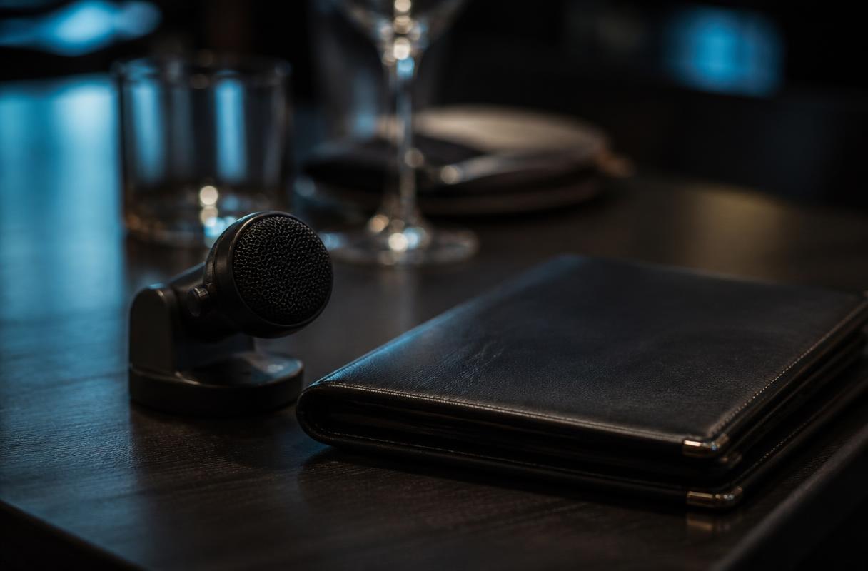 AI stemherkenning horeca closeup van microfoon en reserveringsboek op donkere tafel in restaurant