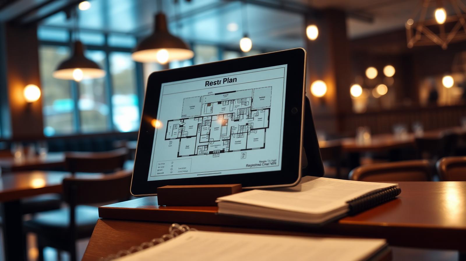 Cinematische close-up van tablet met restaurantplattegrond op gastvrouwbalie naast reserveringsboek, illustratie AI tafelplanning restaurant