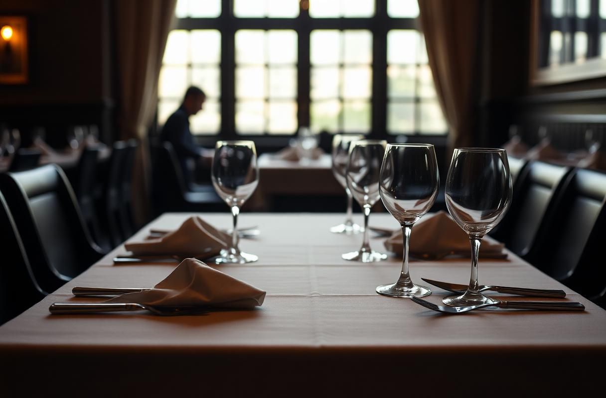 Cinematische close-up van elegant gedekte lege restauranttafel met linnen servetten en wijnglazen, illustratie AI tafelplanning restaurant