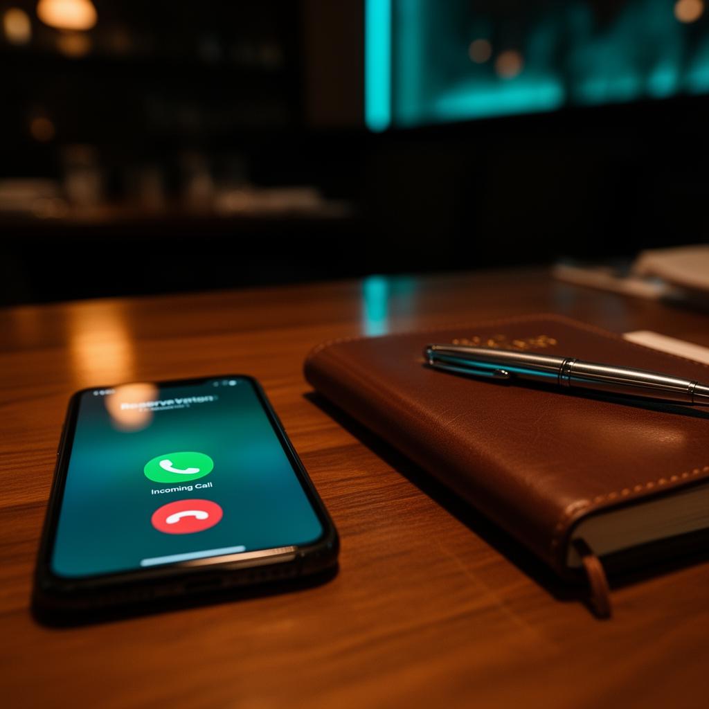 Cinematische close-up van smartphone met inkomende oproep naast leren reserveringsboek, voor AI telefonist restaurant reserveringen