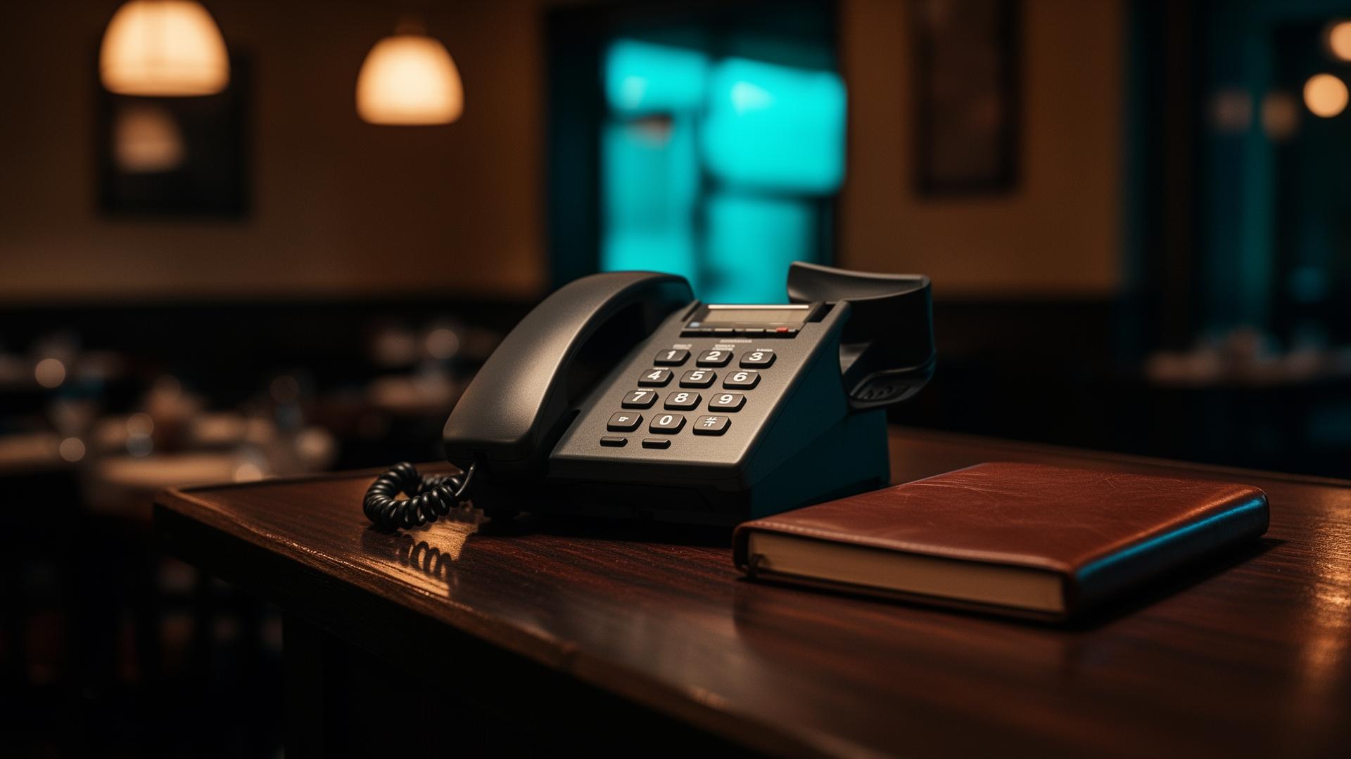 AI telefoonagent vs receptionist kosten: telefoon op dark restaurant counter naast notitieboek in cinematisch warm pendant licht
