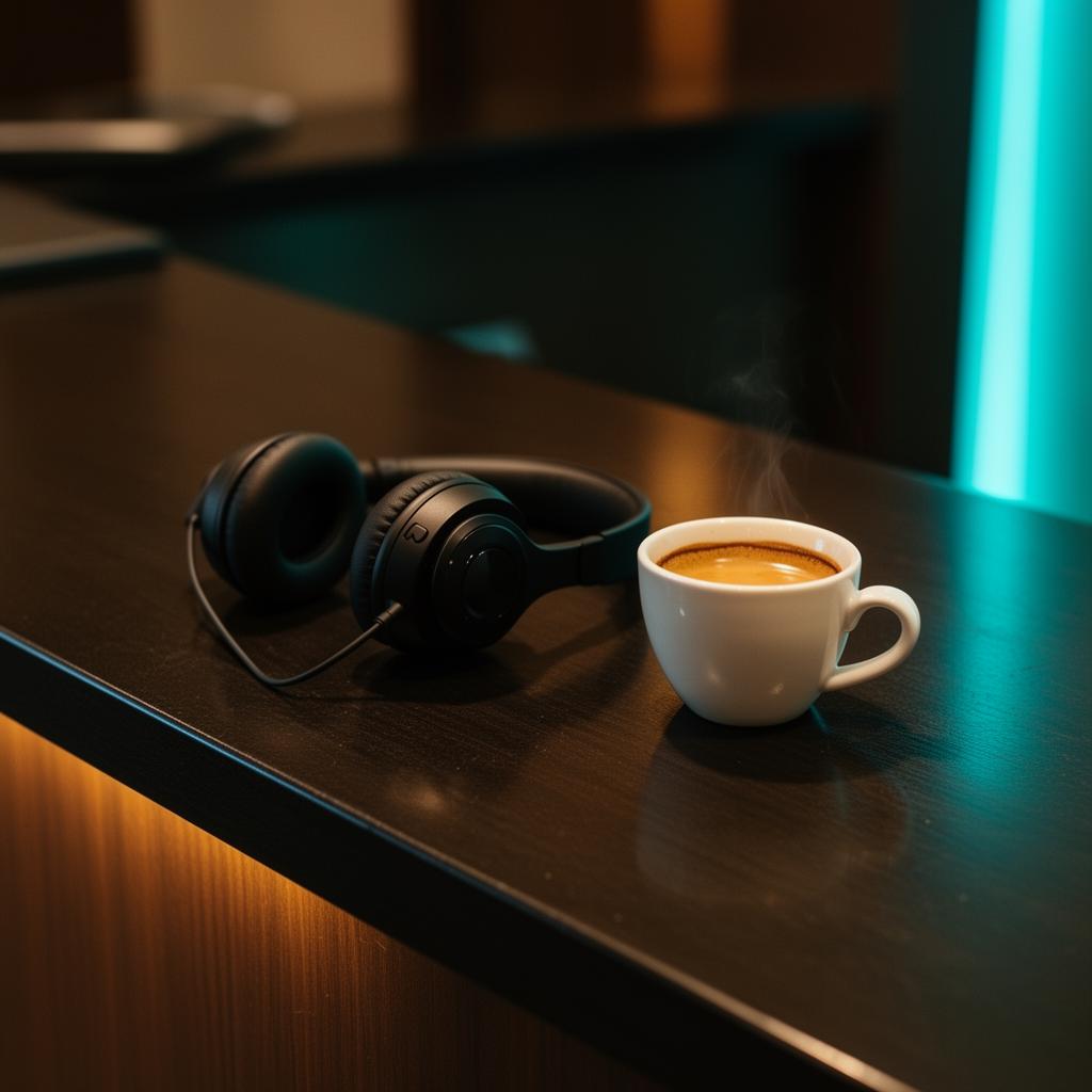 AI telefoonagent vs receptionist kosten vergelijking: Headset en koffiekop op dark hotelbalie in cinematisch warm licht