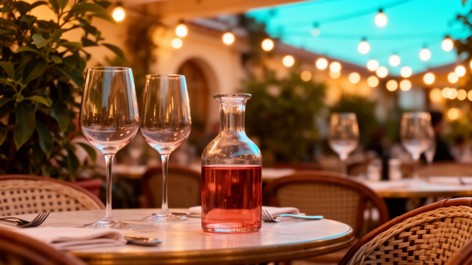 AI terras zomer communicatie: cinematische close-up van een vol Mediterraans terras met wijnglazen tijdens golden hour