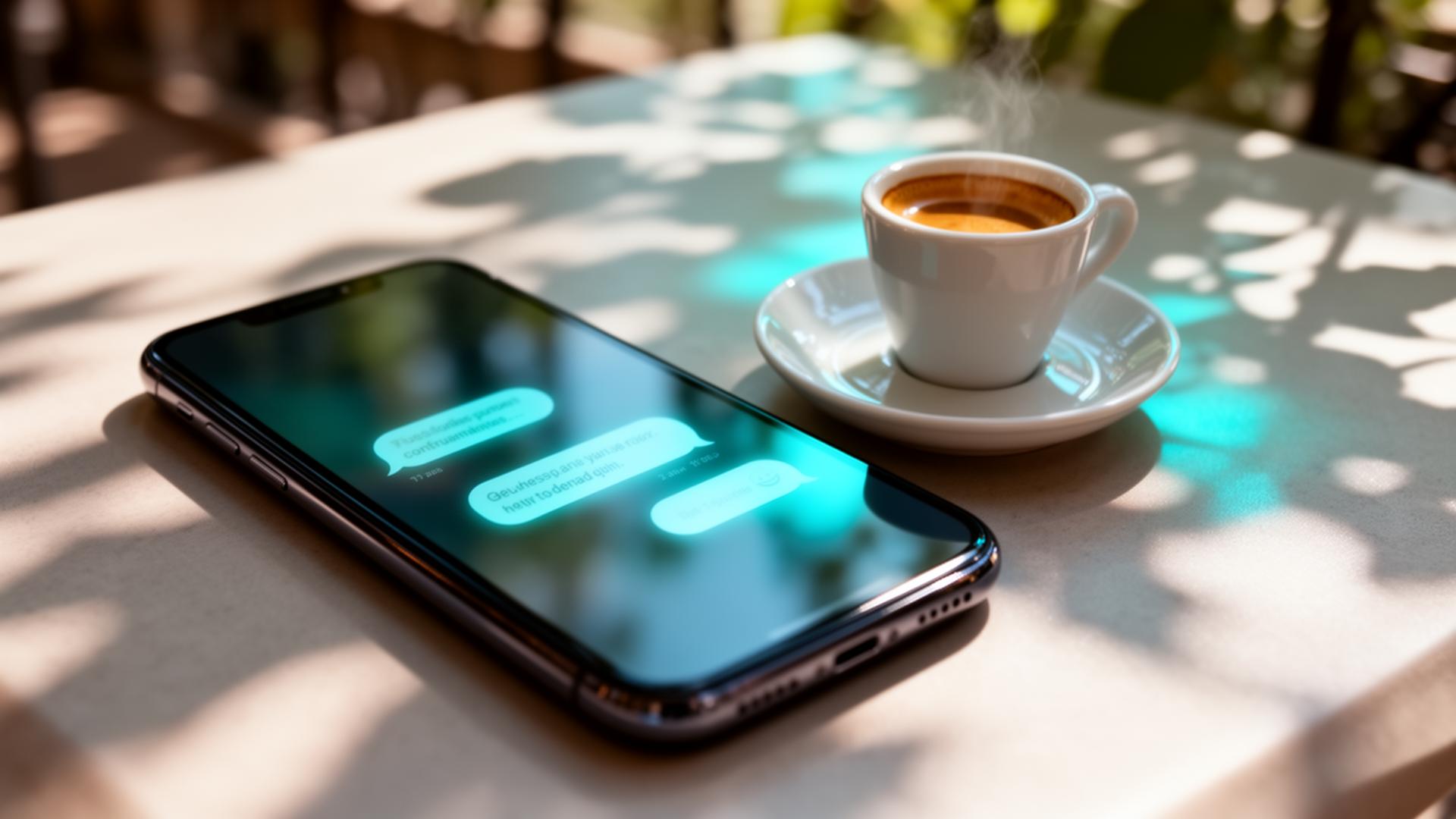 Smartphone op terrastafel met blurred WhatsApp interface naast espresso voor AI terras zomer communicatie