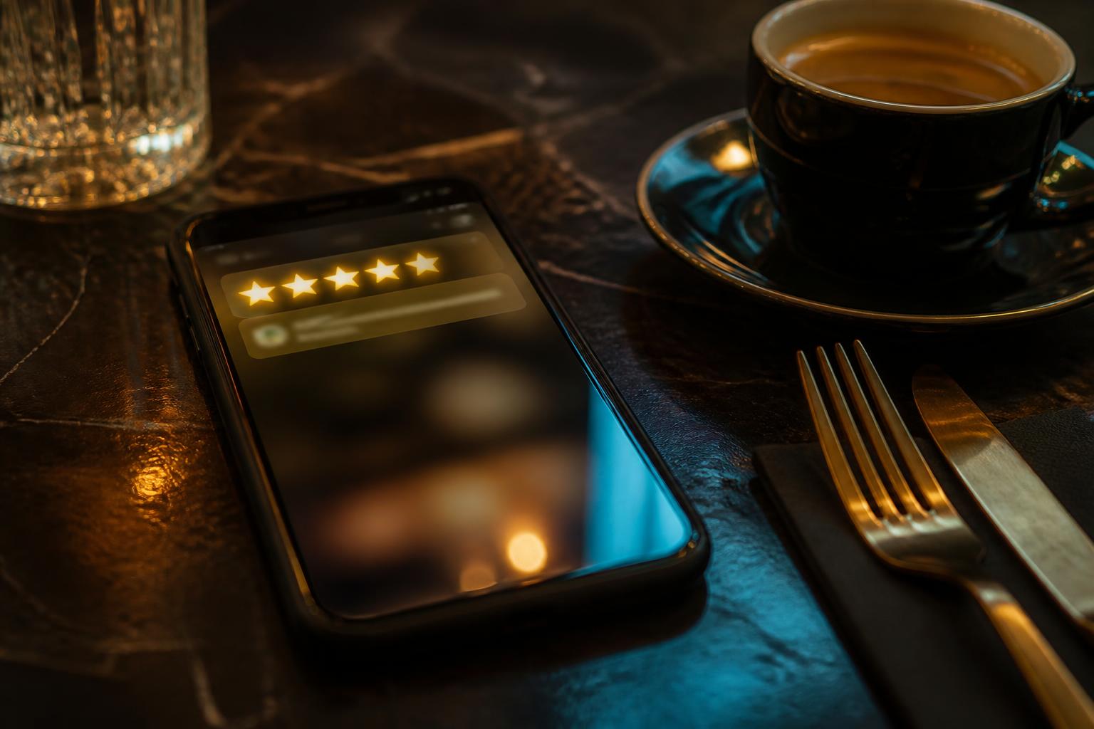 AI testimonials social proof horeca cinematic closeup van smartphone met onleesbare review notificatie op marmeren restauranttafel