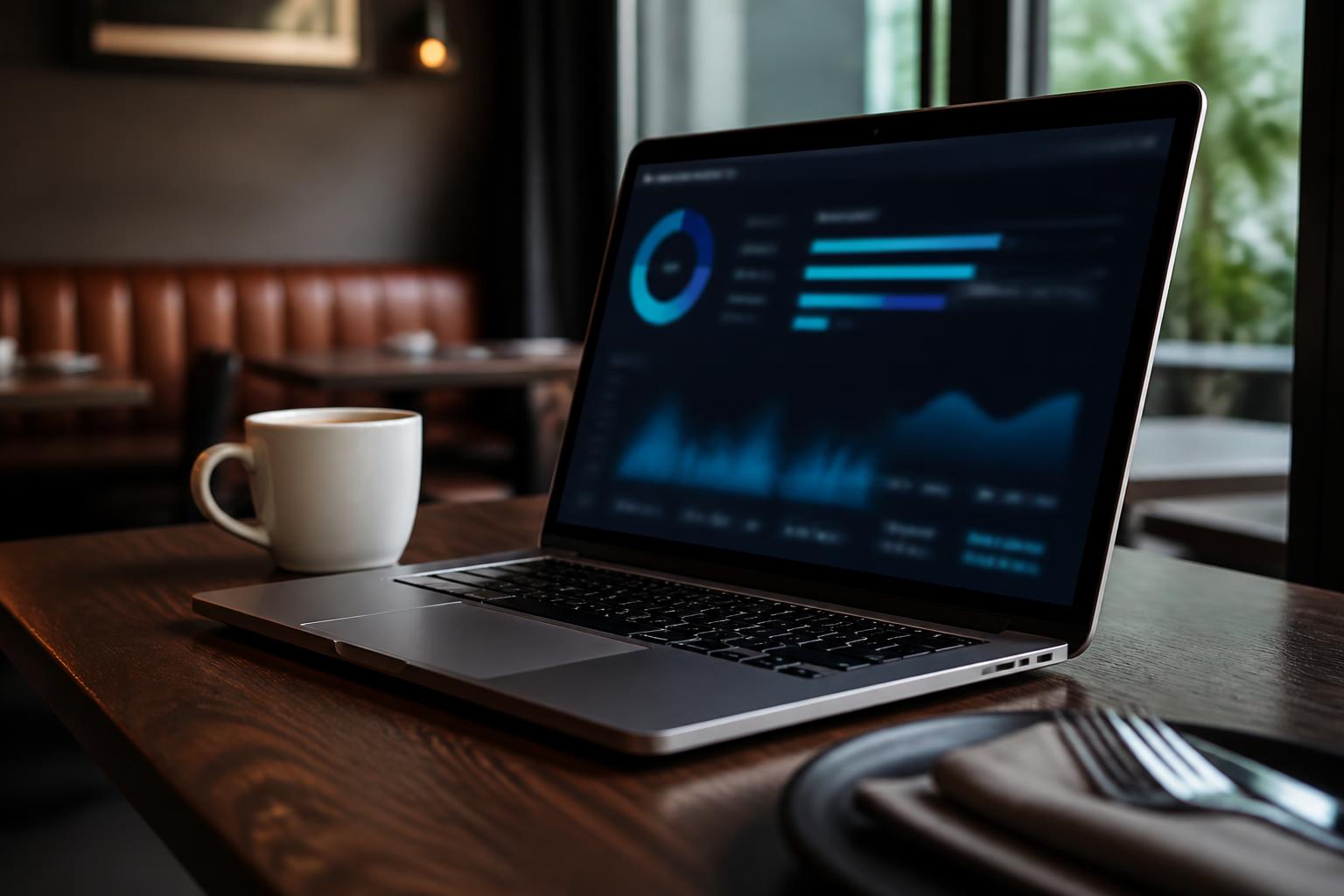 AI testimonials social proof horeca laptop met geblurd dashboard naast koffiekop op donkere walnoot tafel