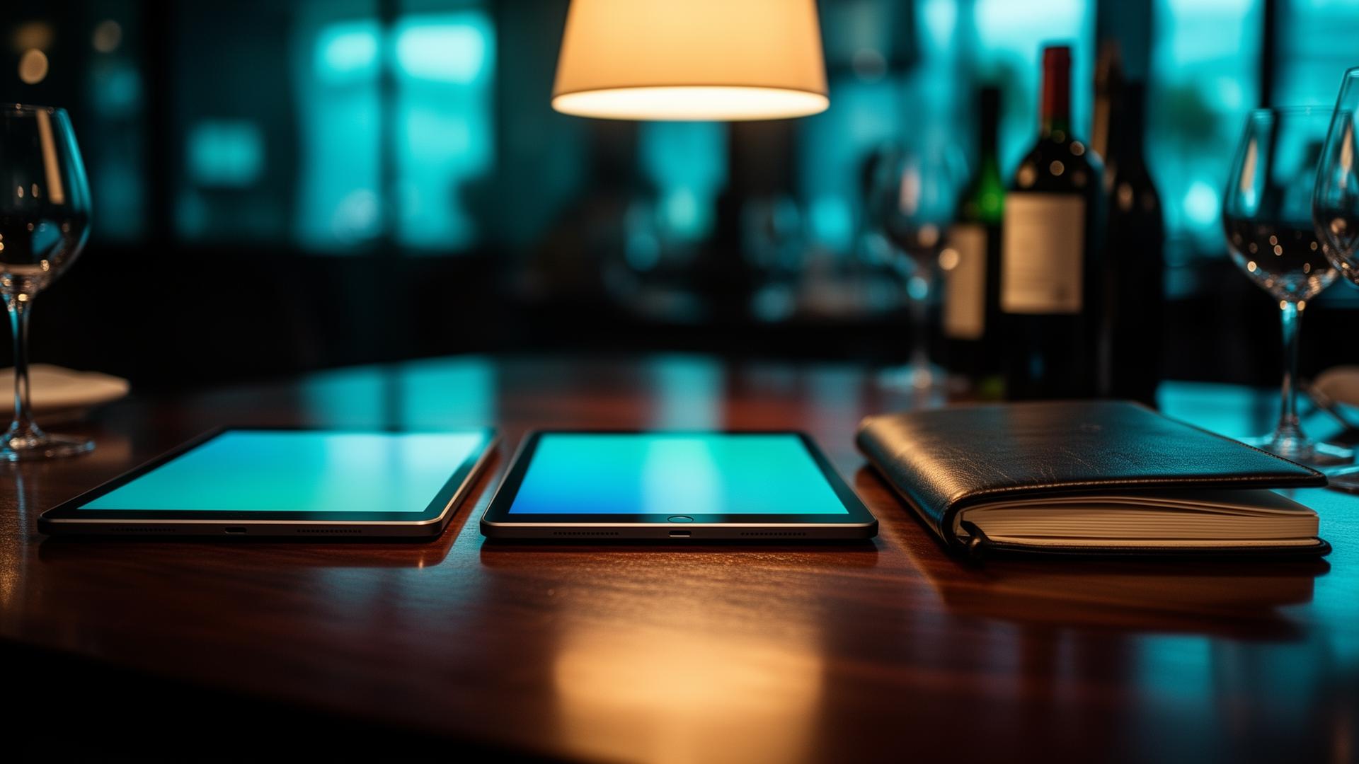AI tools horeca vergelijken 2026 cinematic closeup van handen die meerdere tablets vergelijken op restauranttafel