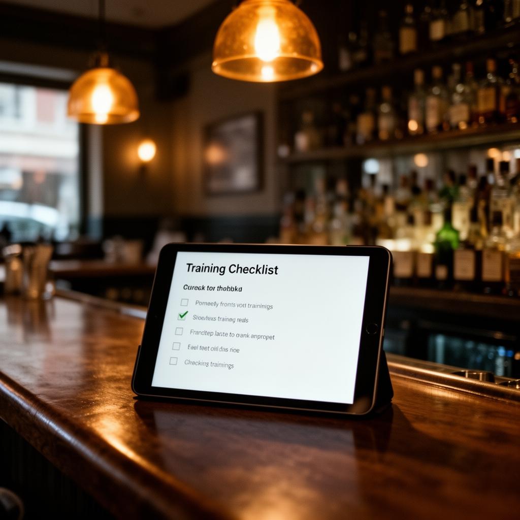 AI training onboarding horecapersoneel checklist: tablet op een houten bar in warm cinematisch restaurantlicht