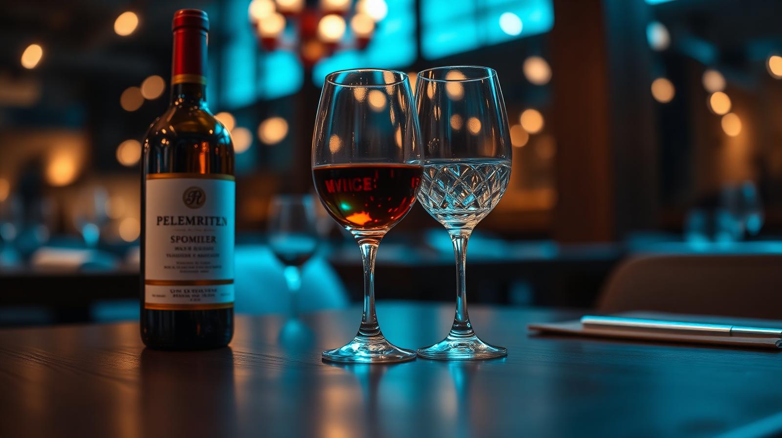 Cinematische close-up van wijnfles en kristallen glas op donkere restauranttafel, illustratie van AI upsell restaurant