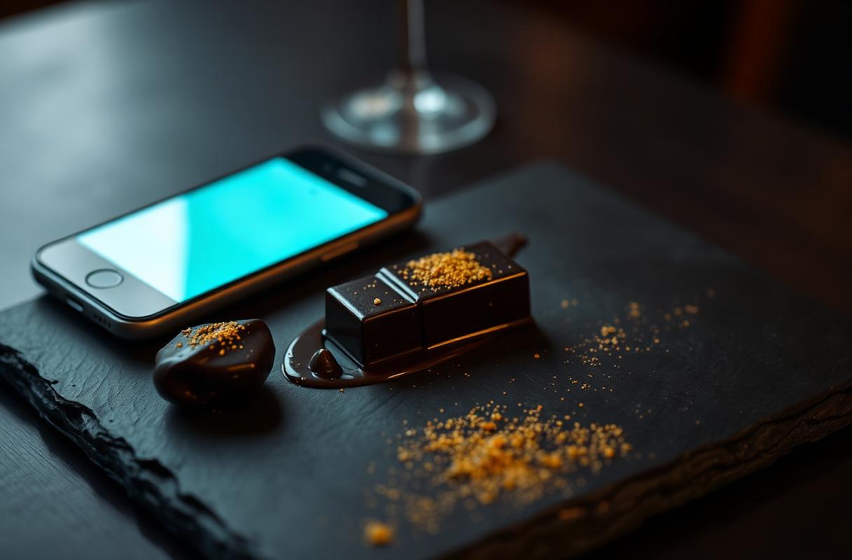 Cinematische close-up van dessertbord met chocolade naast smartphone, illustratie van AI-aangestuurde upsell-suggestie