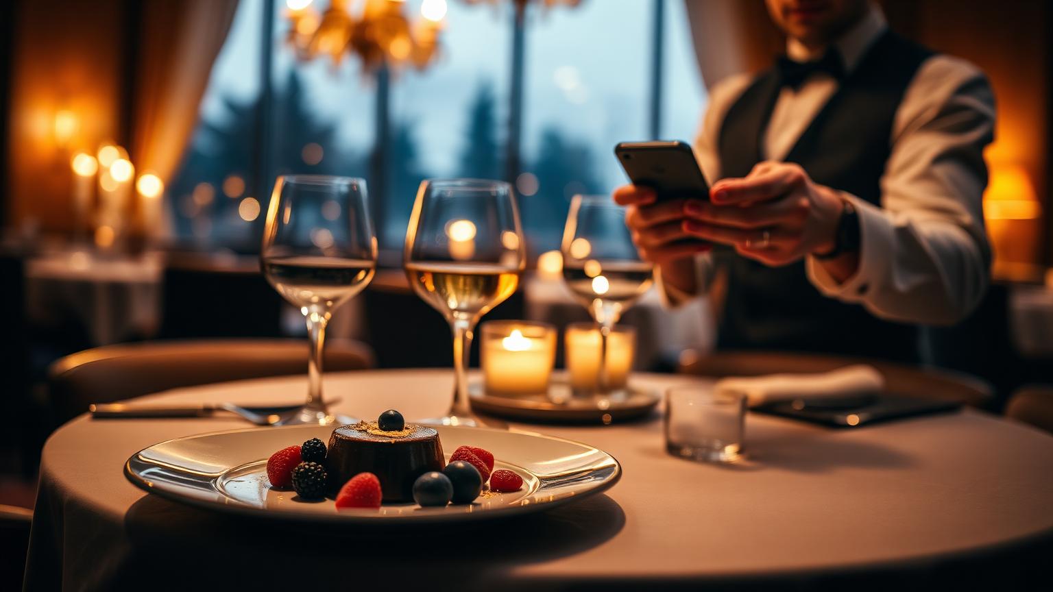 AI horeca upsell dessert drank arrangement restauranttafel met dessert en wijnglazen en ober met smartphone in warm cinematisch licht