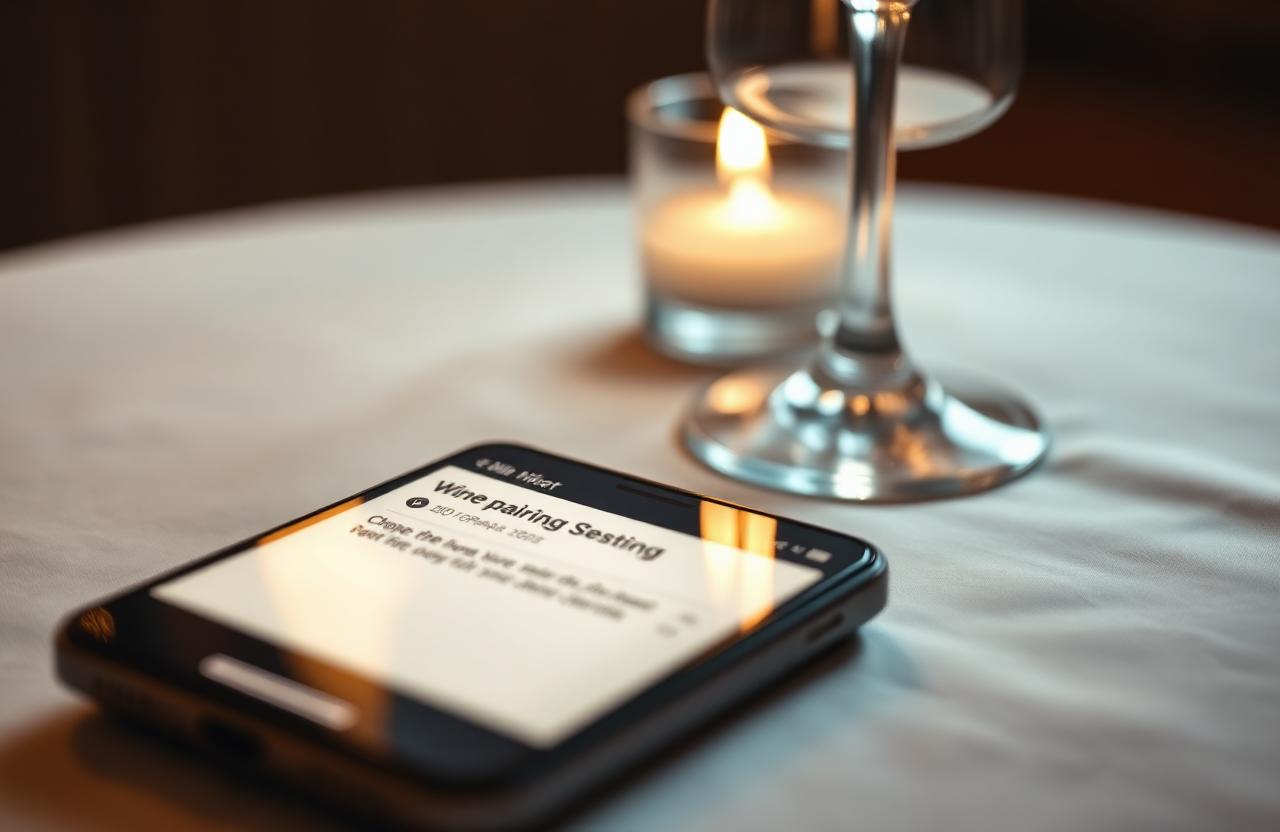 AI horeca upsell dessert drank arrangement smartphone op linnen tafelkleed met wijnglas en kaarslicht