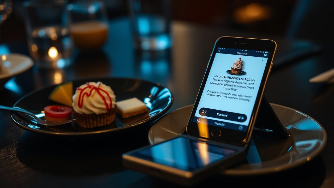 Cinematische close-up van dessertbord met smartphone voor AI upselling horeca