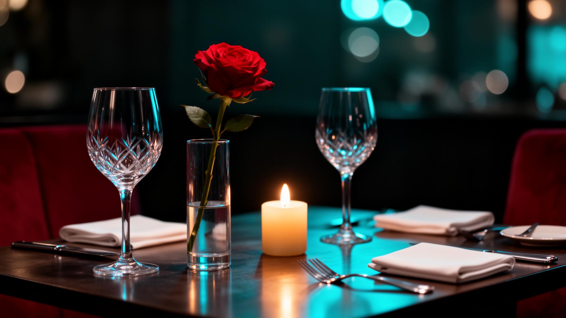 AI Valentijnsdag 2026 horeca cinematic closeup van romantisch gedekte tafel met rode roos en kaarslicht in restaurant