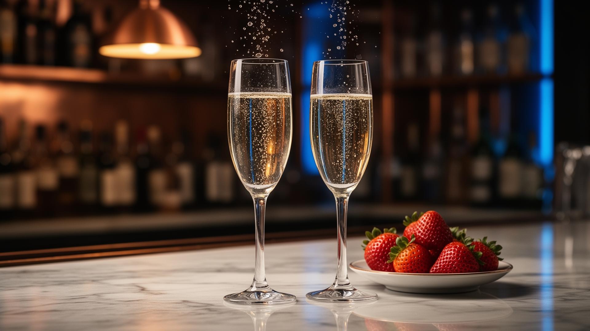 AI Valentijnsdag 2026 horeca closeup van champagneglazen en aardbeien op marmeren bar in hotel restaurant