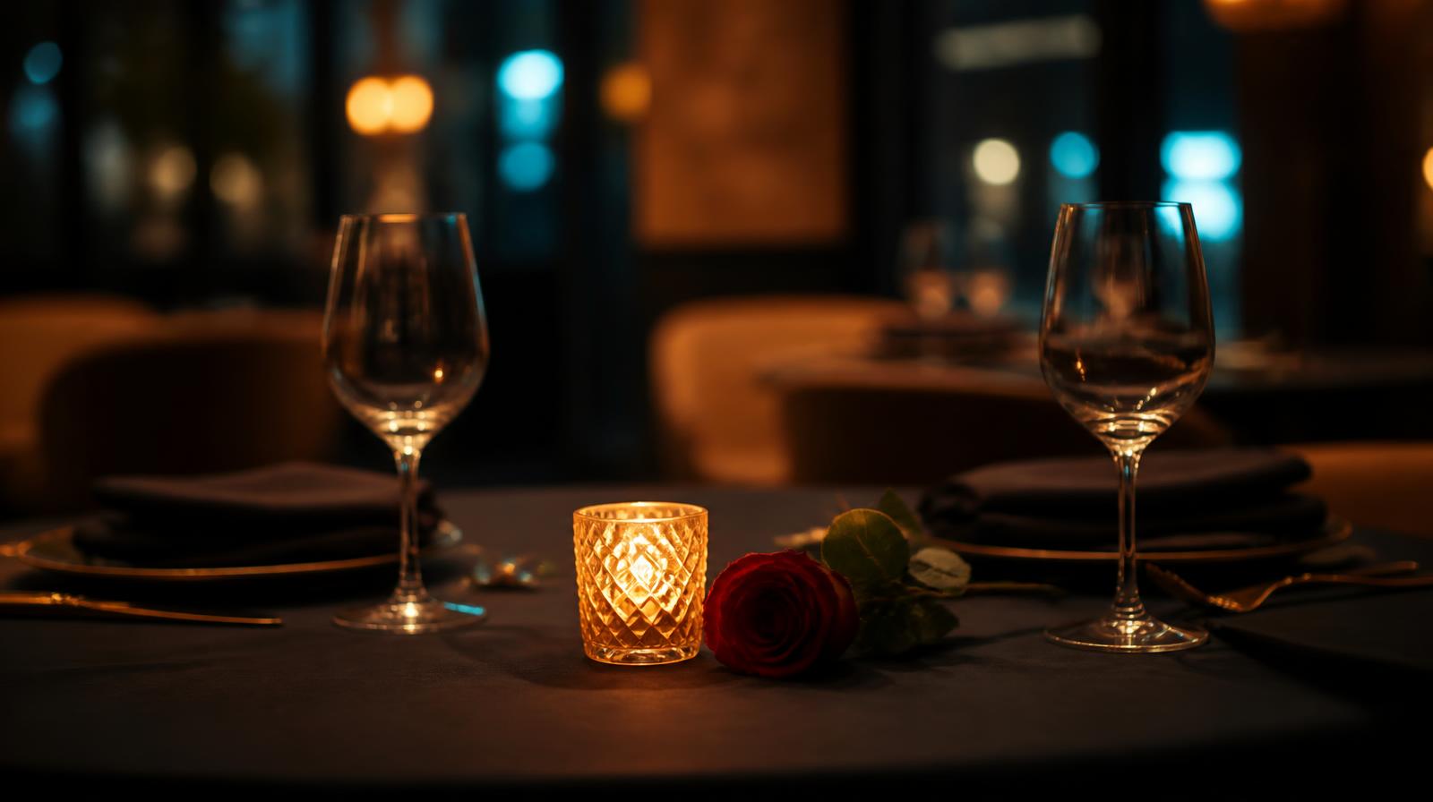 Valentijnsdag campagne horeca closeup van gedekte tafel voor twee met kaarslicht in een donker restaurant