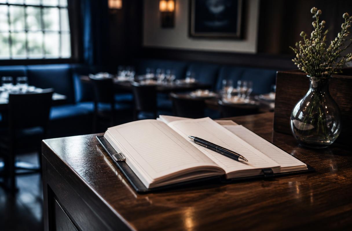 Valentijnsdag campagne closeup van reserveringsboek en pen op een donkere restaurantbalie