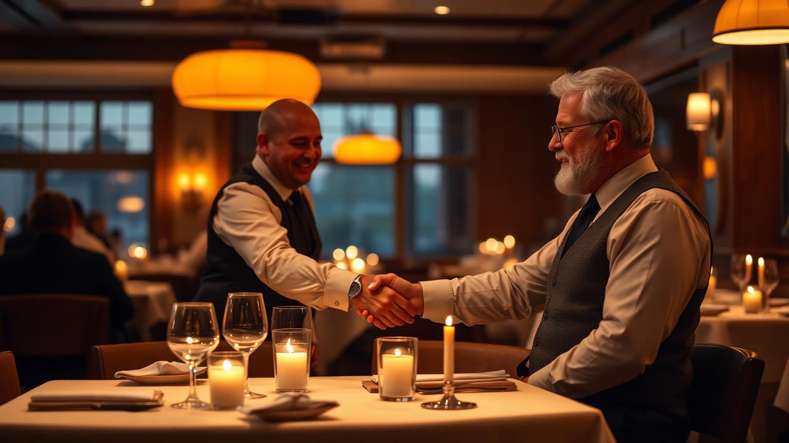 AI horeca loyale gasten herkennen belonen ober begroet vaste gast met handdruk aan gedekte tafel in warm restaurantlicht