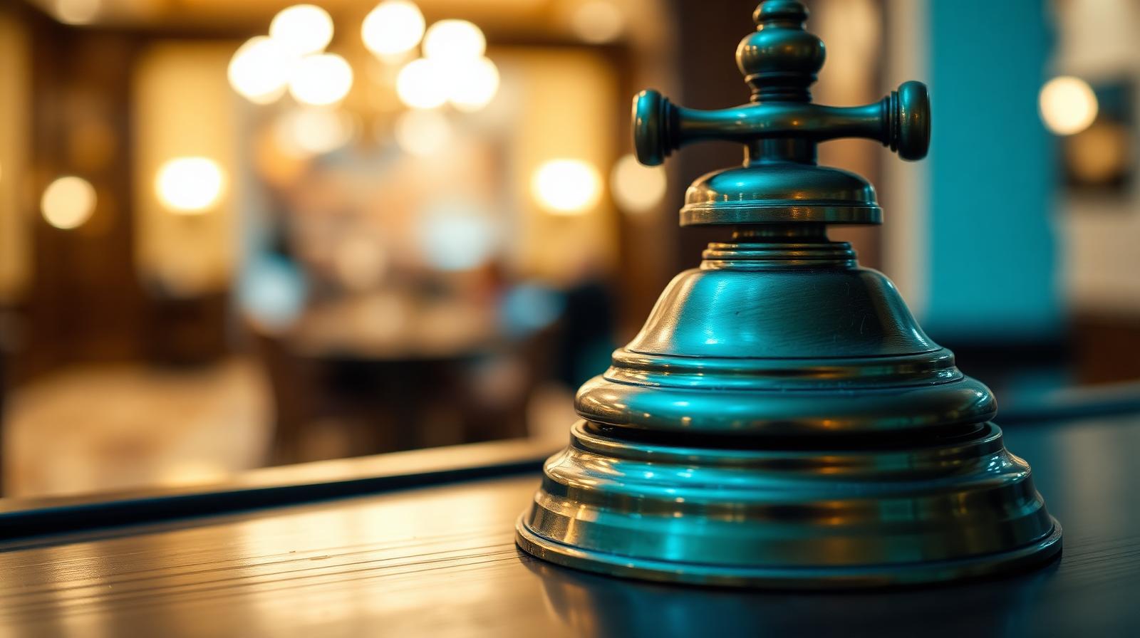 Cinematische close-up van messing receptiebel op donker hout, illustratie AI voice bot hotel receptie