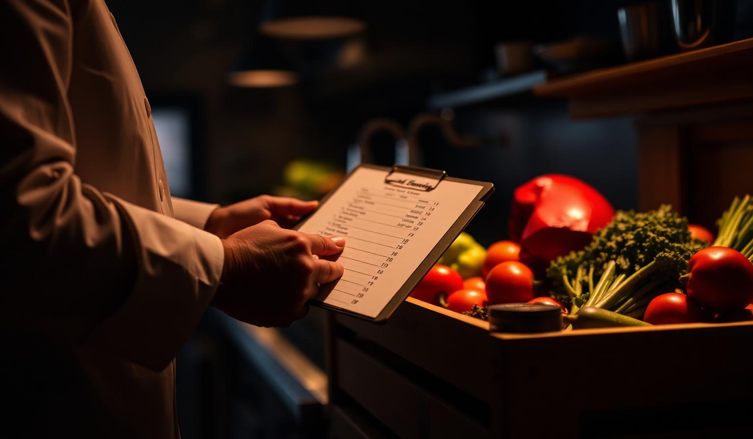 Cinematische close-up van chef-handen met klembord en inventarislijst naast houten krat verse groenten, illustratie AI voorraadbeheer restaurant